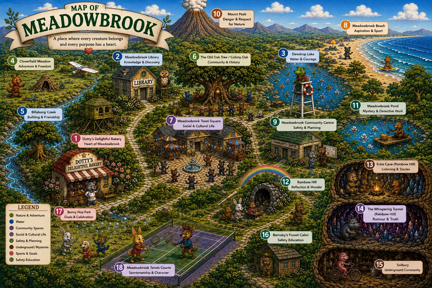 Illustrated map of Meadowbrook with a legend of places