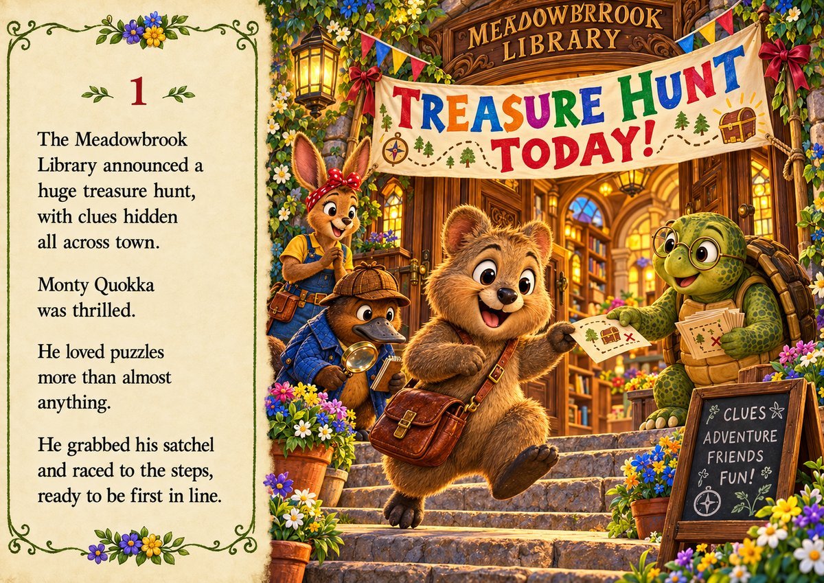 Page 1 of Monty Quokka and the Impossible Treasure Hunt: Monty races up the library steps on treasure hunt day